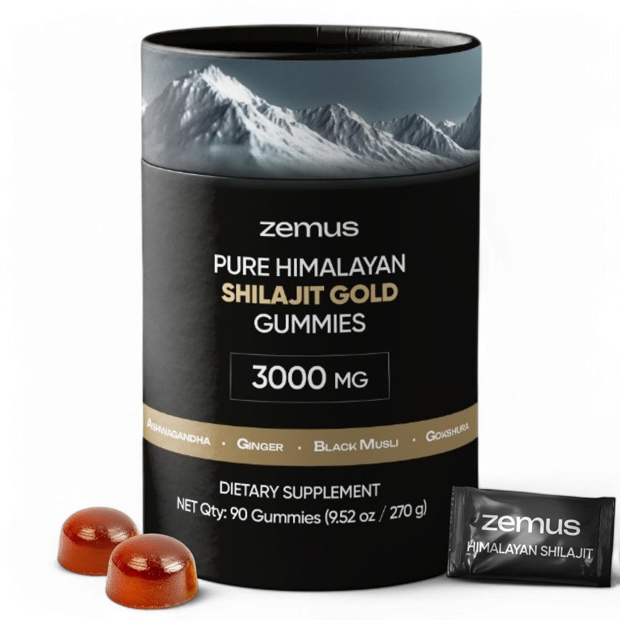 ZEMUS Himalayan Pure Shilajit Gummies with Ashwagandha & 5 Mushroom Complex, Lab Tested, Fulvic Acid & 85+ Trace Minerals, 90 Count