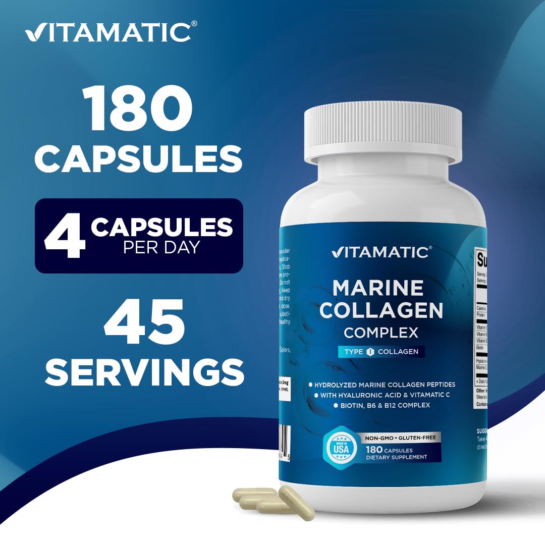 Vitamatic Marine Collagen Complex Type I 2000 mg per Serving with Hyaluronic Acid, Vitamin C, Biotin, B6 & B12 – 180 Capsules
