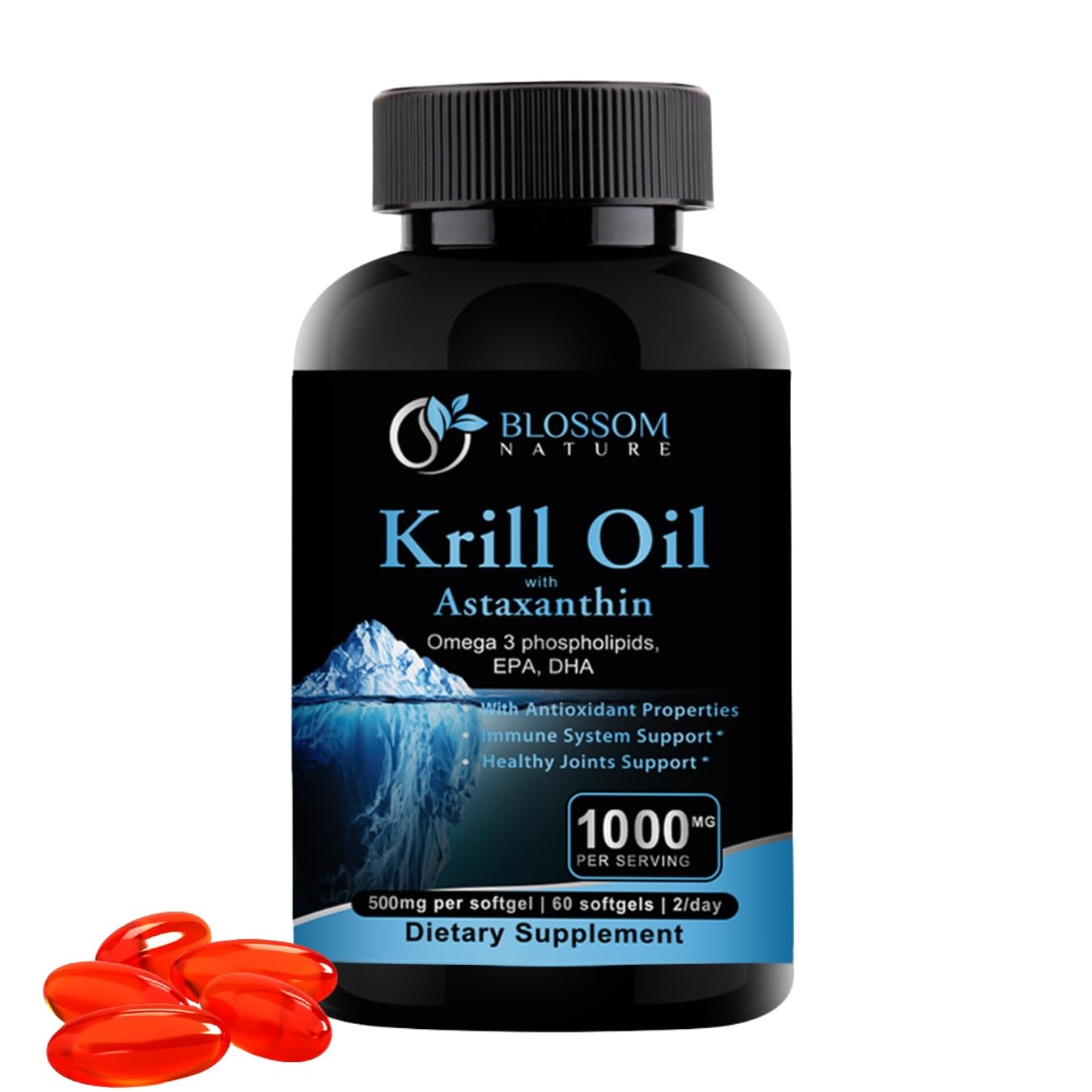Blossom Nature Antarctic Krill Oil 1000mg Softgels with Astaxanthin, 60 Softgels