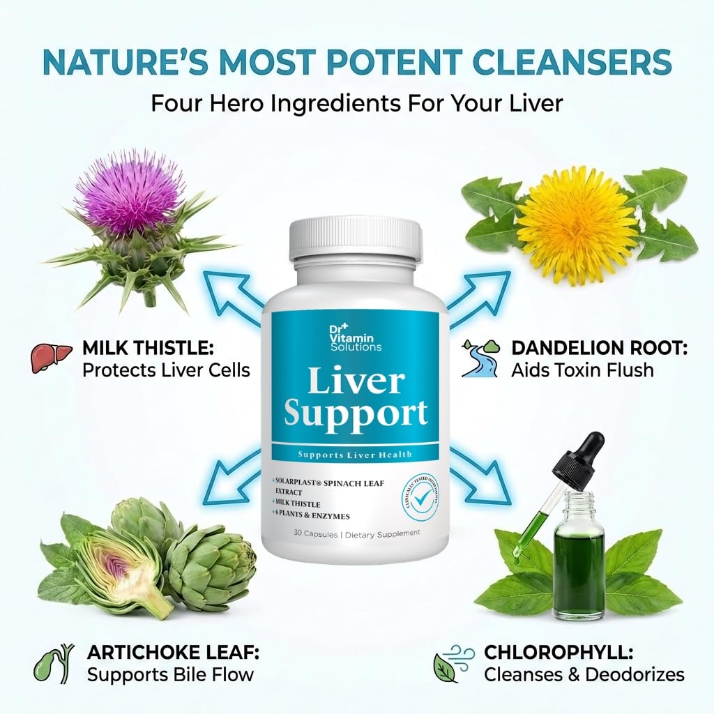 DR VITAMIN SOLUTIONS Liver Cleanse Detox and Repair Milk Thistle Supplement with Chlorophyll, Digestive Enzymes, Artichoke & Dandelion for Natural Gallbladder Support, 30 Capsules