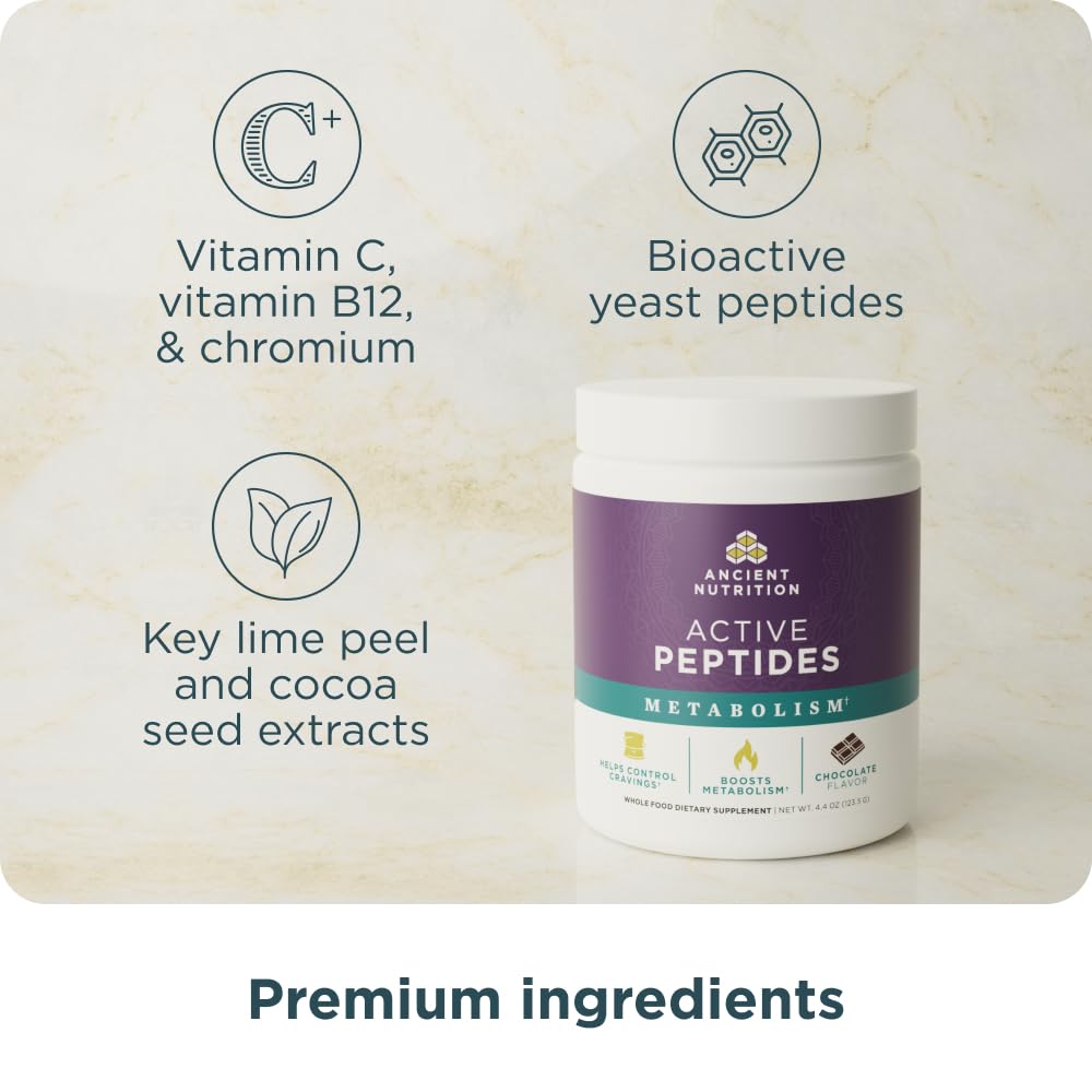 Ancient Nutrition Active Peptides Metabolism Powder, Bioactive Yeast Peptides with Cocoa & Citrus Extracts for Appetite & Metabolic Hormone Support, Non-Stimulant Weight Management Formula, Chocolate, 4.4 Ounce