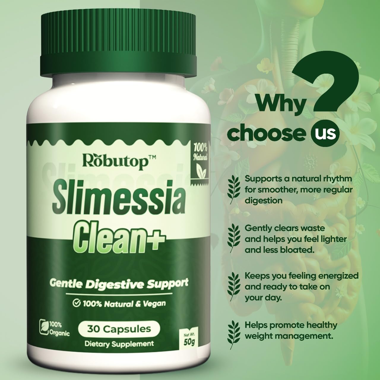 Robutop Slimessia Clean+ Gut Cleanse Detox with Moringa Seeds, Mulberry Leaves, Ginger Capsules 30