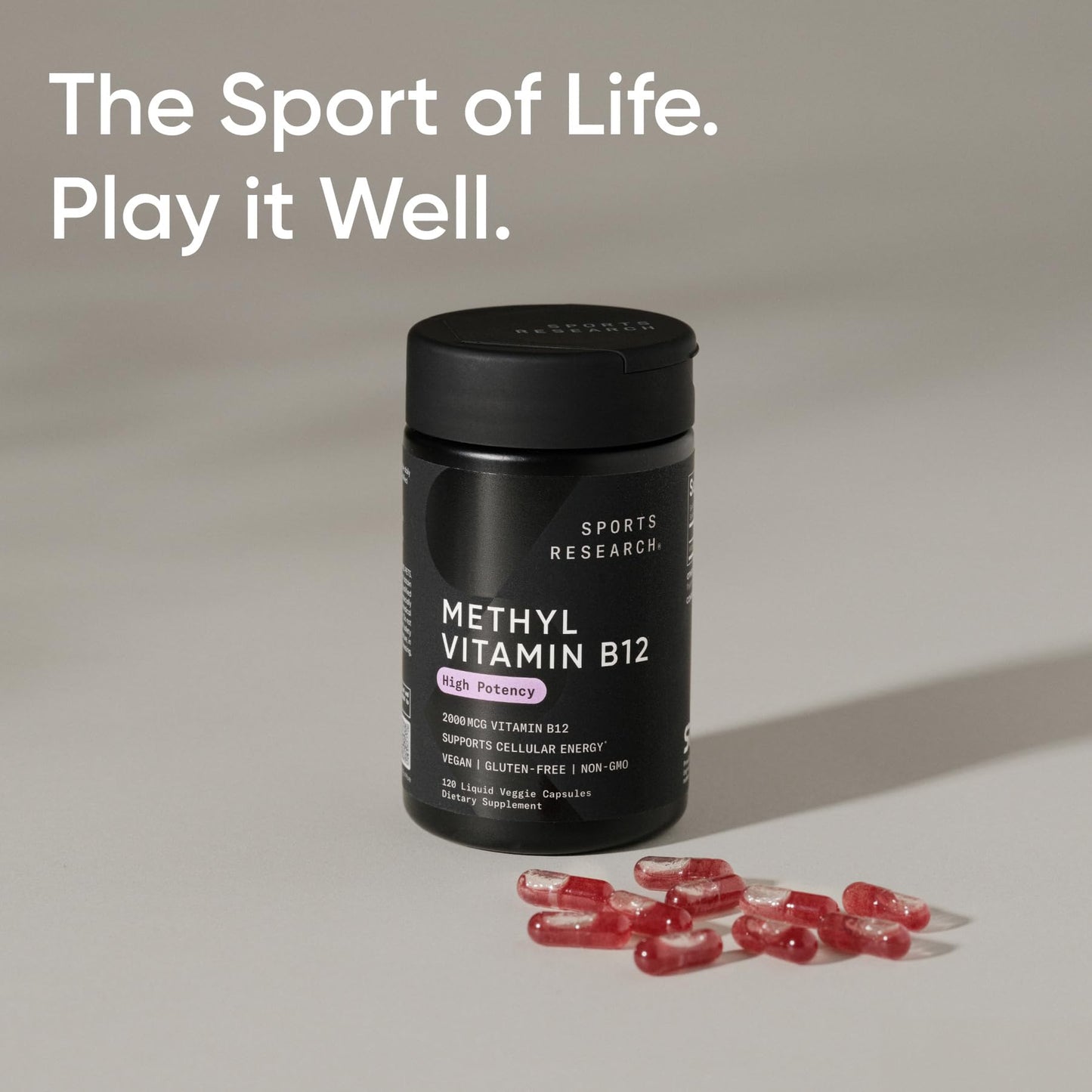 Sports Research Vitamin B12 as Methylcobalamin 5000mcg High Potency Vegan B12 with Coconut MCT Oil for Energy Metabolism Support Vegan Certified Non-GMO Gluten Free, 120 Capsules