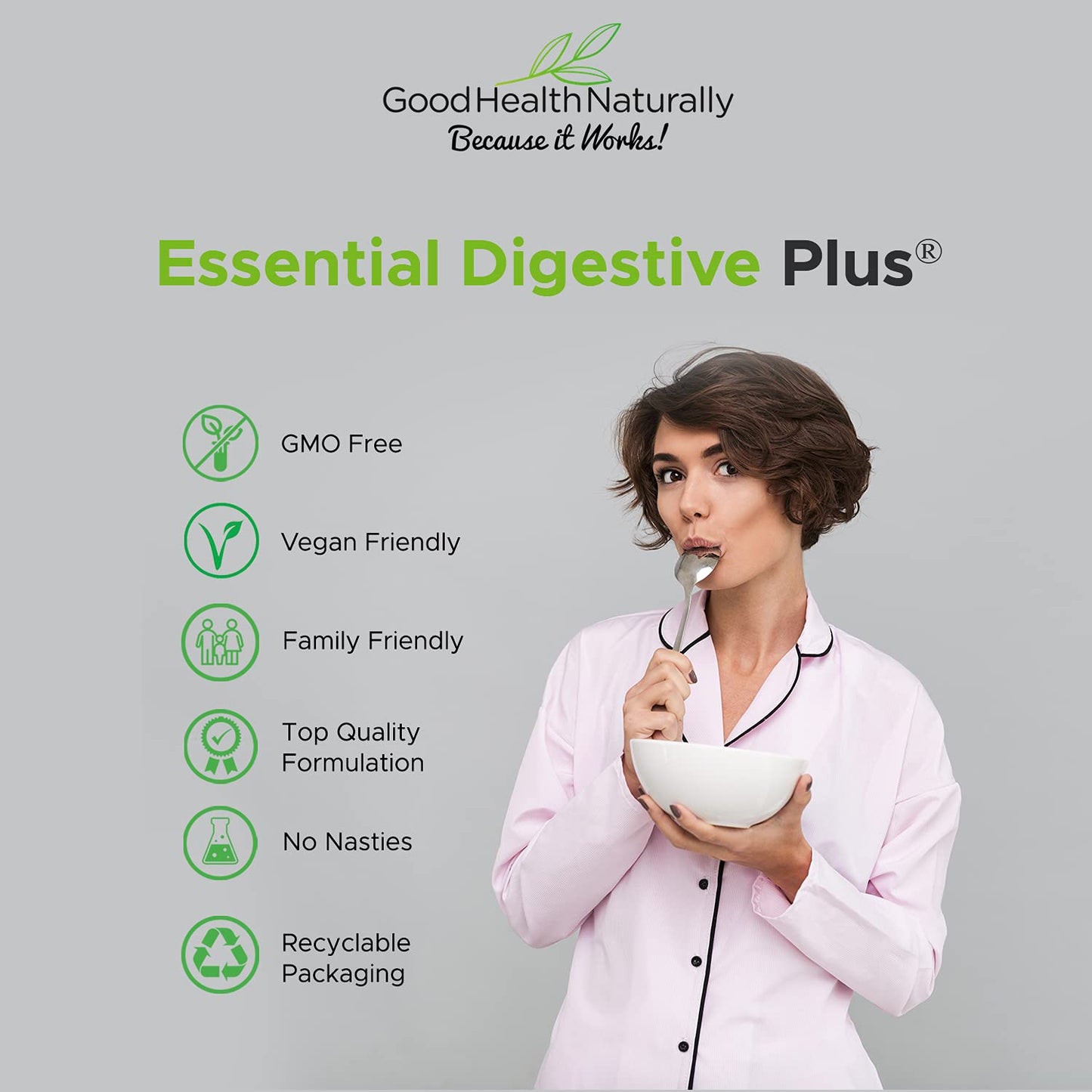 GOOD HEALTH NATURALLY BECAUSE IT WORKS! Essential Digestive Plus New Improved Formula for Improved Gluten Digestion Capsules, 45 Count