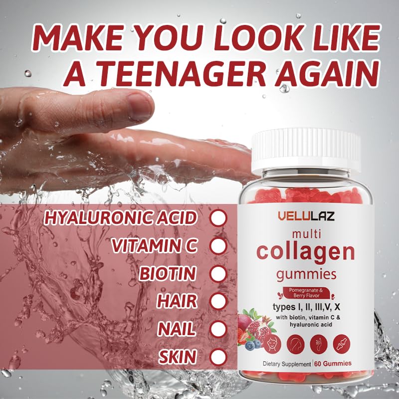 velulaz Multi Collagen Gummies - Types I, II, III, V, X-Skin Care, Premium Formula, Protein Supplement for Both Men and Women Powder 10.59 Ounce