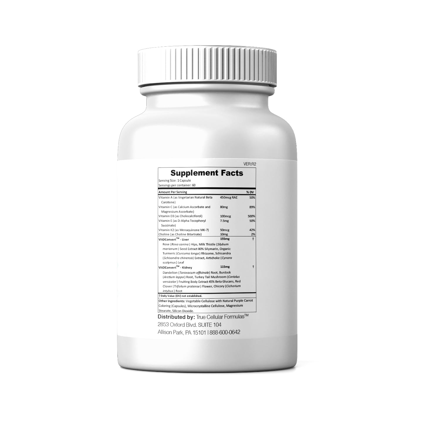 True Cellular Formulas VITDRestore+ Vitamin D3 + K2 with Liver and Kidney Support Capsule, 60 Count
