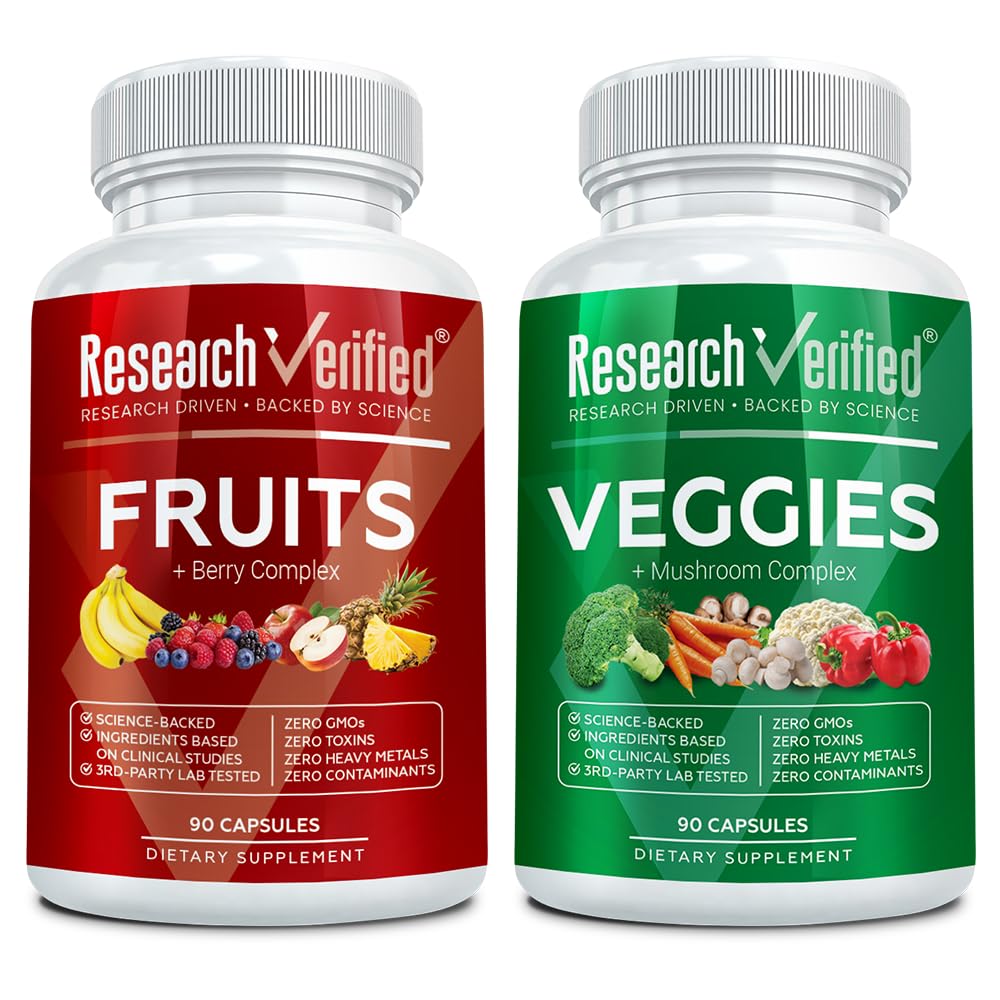 Research Verified Fruits & Veggies – Whole Food Superfood Blend, 42 Fruits & Veggies + Mushroom Complex & BioPerine® Capsules, 180 Capsules