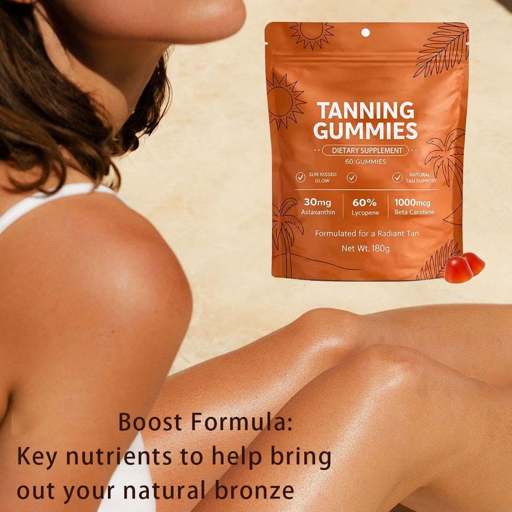 Prndkhn Skin Tanning Gummies with Vitamin C & E, Astaxanthin, Beta Carotene, Skin Radiance & Hydration for Natural Looking Glow, Vegan & Sugar Free, Bronzing, 60 Count