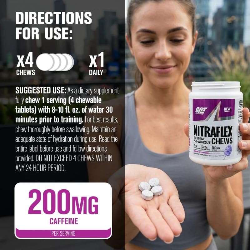 GAT SPORT Nitraflex Performance Pre-Workout Chews - Grape Cotton Candy, 40 Count