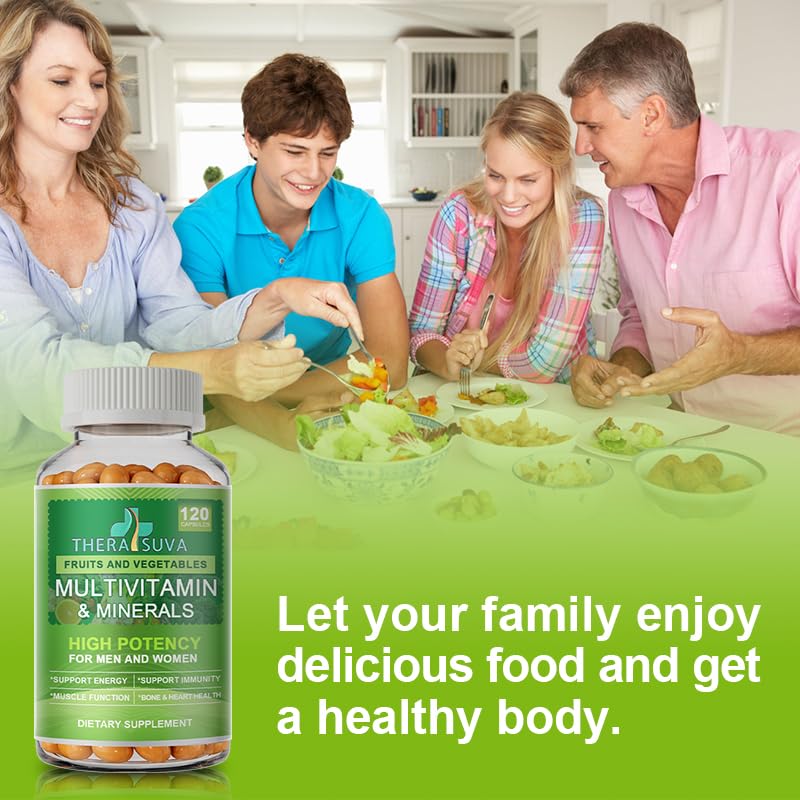 TheraSuva All Natural Multivitamins & Minerals + B Complex + Calcium + Magnesium + Zinc, 100% Vegan Sourced Whole Food Supplement, Complete Nutritional Support for Men & Women, 2 Month Supply Softgels 120