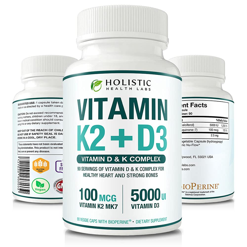 Holistic Health Labs Max Absorption Vitamin K2 + D3 (5000IU) Capsules, 90 Count