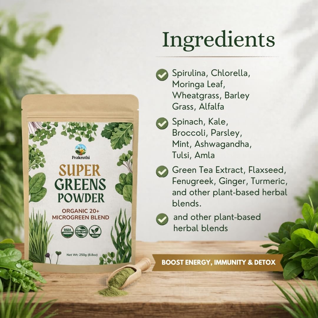 Prakruthi Super Greens Powder 8.8 oz Organic 20+ Microgreen Powder