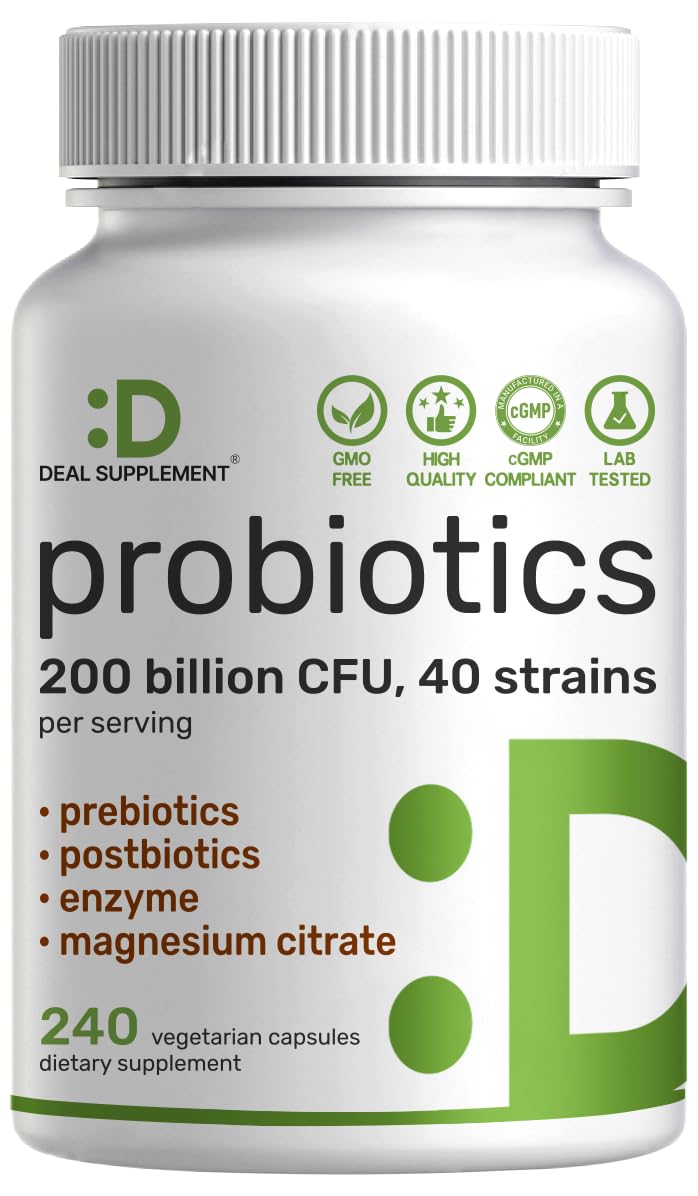 DEAL SUPPLEMENT Probiotics for Women & Men, 200 Billion CFU Per Serving, 40 Strains with Prebiotics, Enzymes & Magnesium Citrate, Non-GMO, Gluten Free Vegetarian Capsules 240