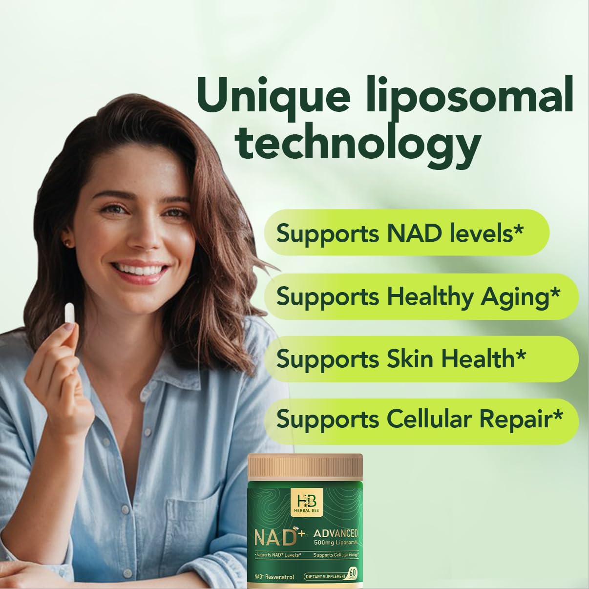 Herbal Bee Liposomal NAD+ Supplement 500 Mg with NAD Trans-resveratrol 50 Mg – Cellular Energy & Mitochondrial Support – Healthy Aging & Antioxidant Support – 60 Capsules