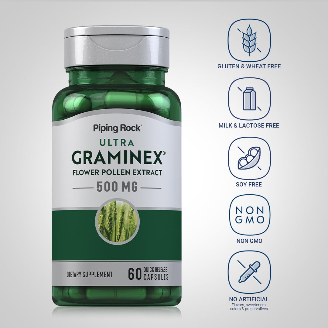 Piping Rock Graminex Flower Pollen Extract 500mg Capsules, 60 Count