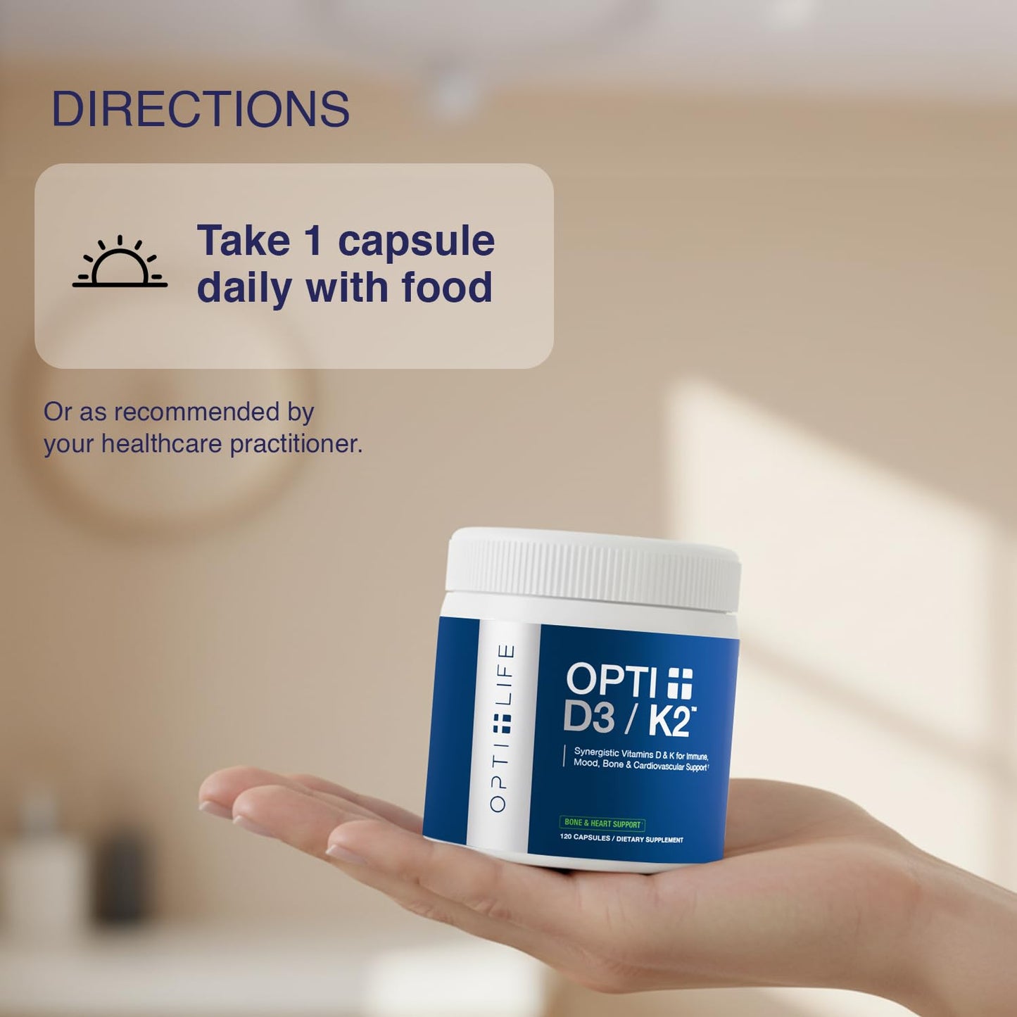 Opti + Life Vitamin D3 K2 (MK-7) Supplement Capsule 120 Count