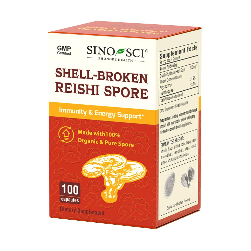 Sino-Sci Shell-Broken Reishi Mushroom Spore Supplement, Immune Support, Liver Health & Energy Booster, 100 Capsules