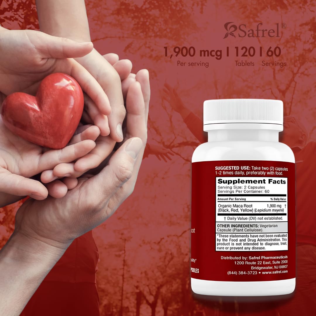 Safrel Organic Maca Root (Black, Red, Yellow) 1900 mg per Serving, Non-GMO, 120 Capsules