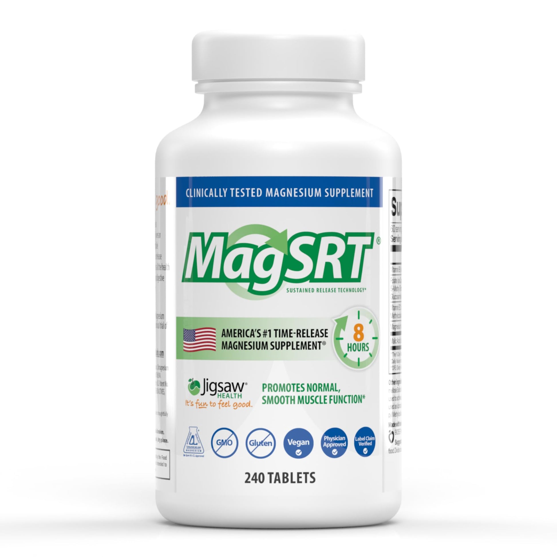 Jigsaw Health MagSRT Magnesium Supplement with Vitamin B6, Folate & B12, 240 Tablets