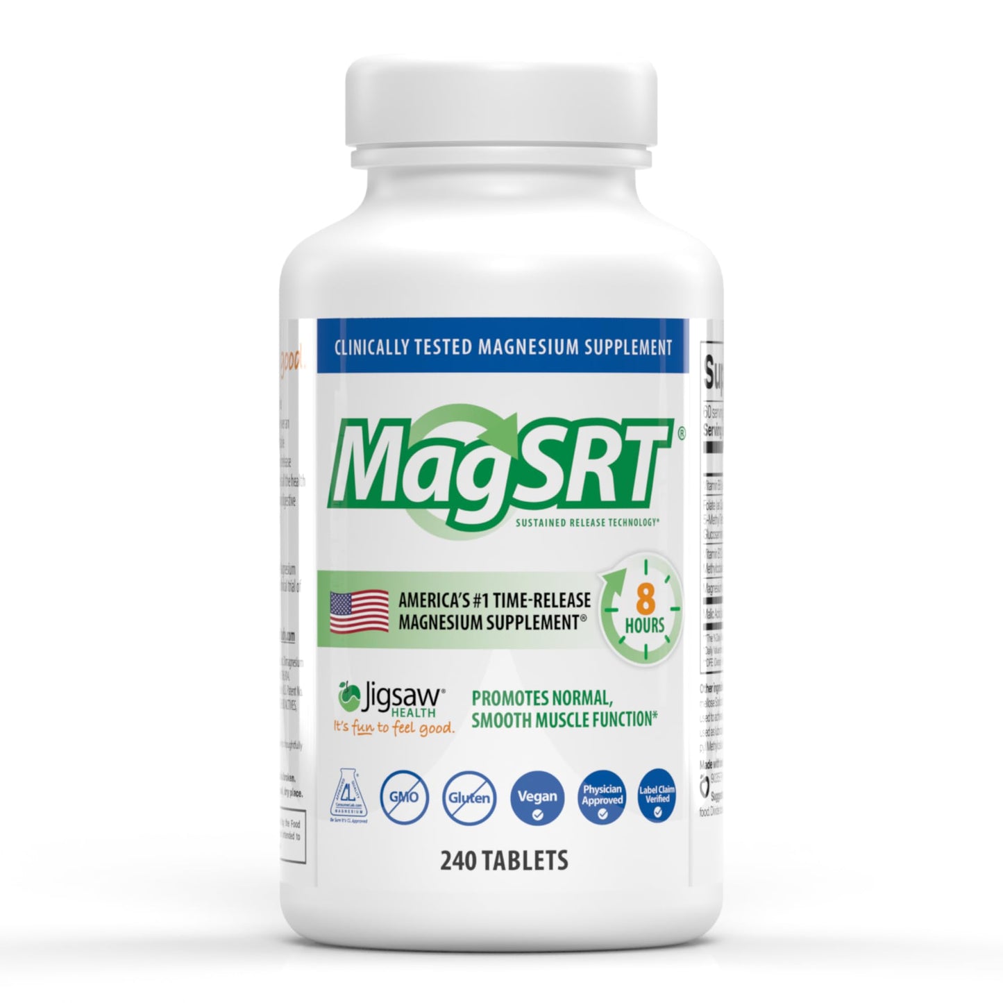 Jigsaw Health MagSRT Magnesium Supplement with Vitamin B6, Folate & B12, Tablet, 240 Tablets