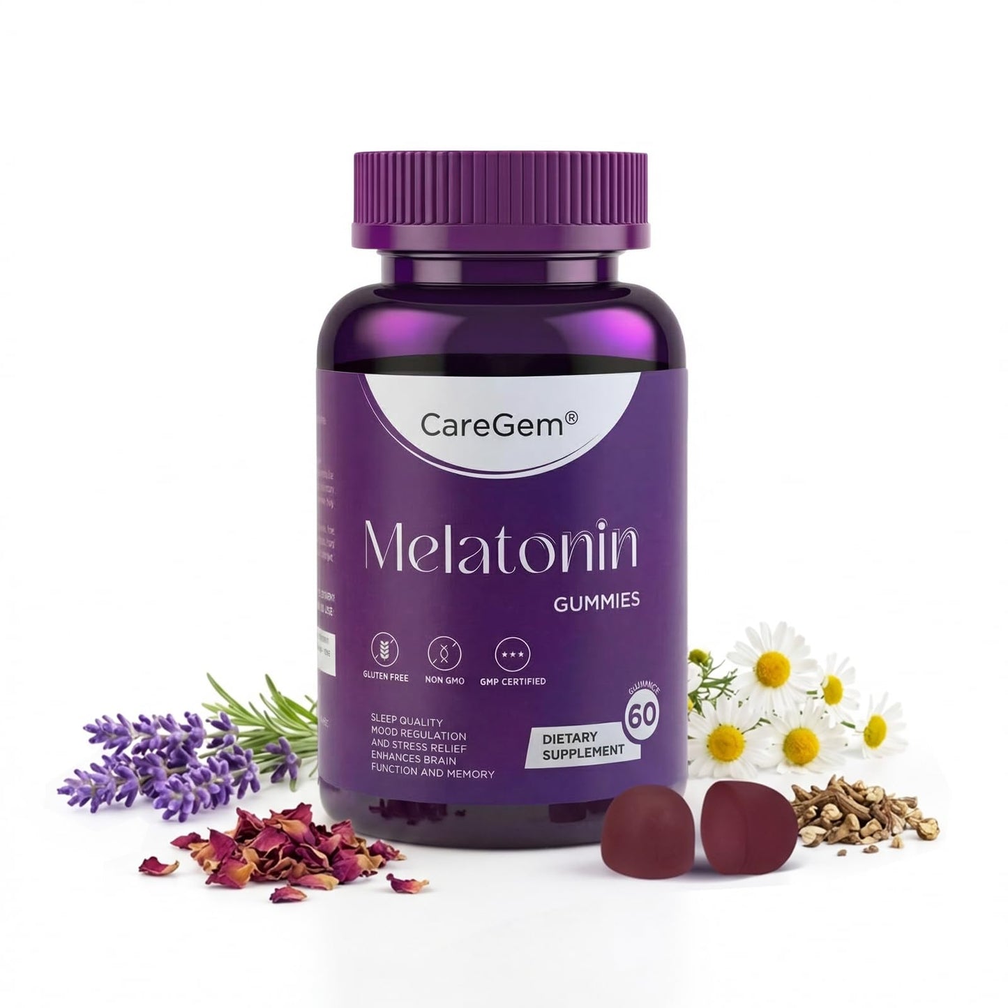 CareGem Sleep Aid 5mg Melatonin Gummies with Ashwagandha, Valerian Root & L-Theanine, Natural Sleep Support, 60 Gummies