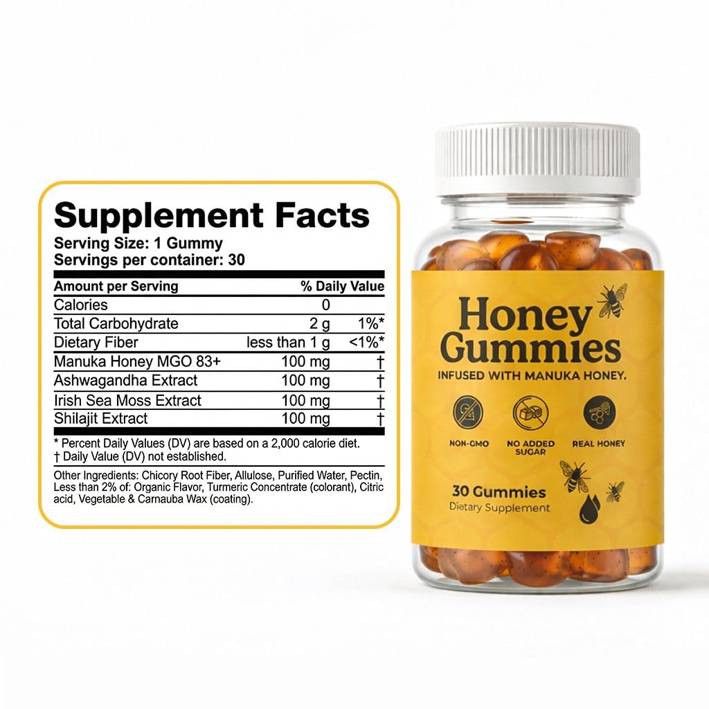 HoneyGummies New-Zealand Manuka Honey MGO 83+ Shilajit, Ashwagandha & Sea Moss Blood Flow, Stamina & Male Vitality Support – Sugar Free, Non-GMO, Made in USA Gummy 1