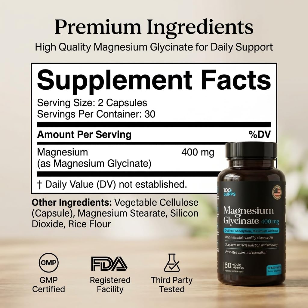 100 Supps Magnesium Glycinate 400mg Capsule, 60 Capsules