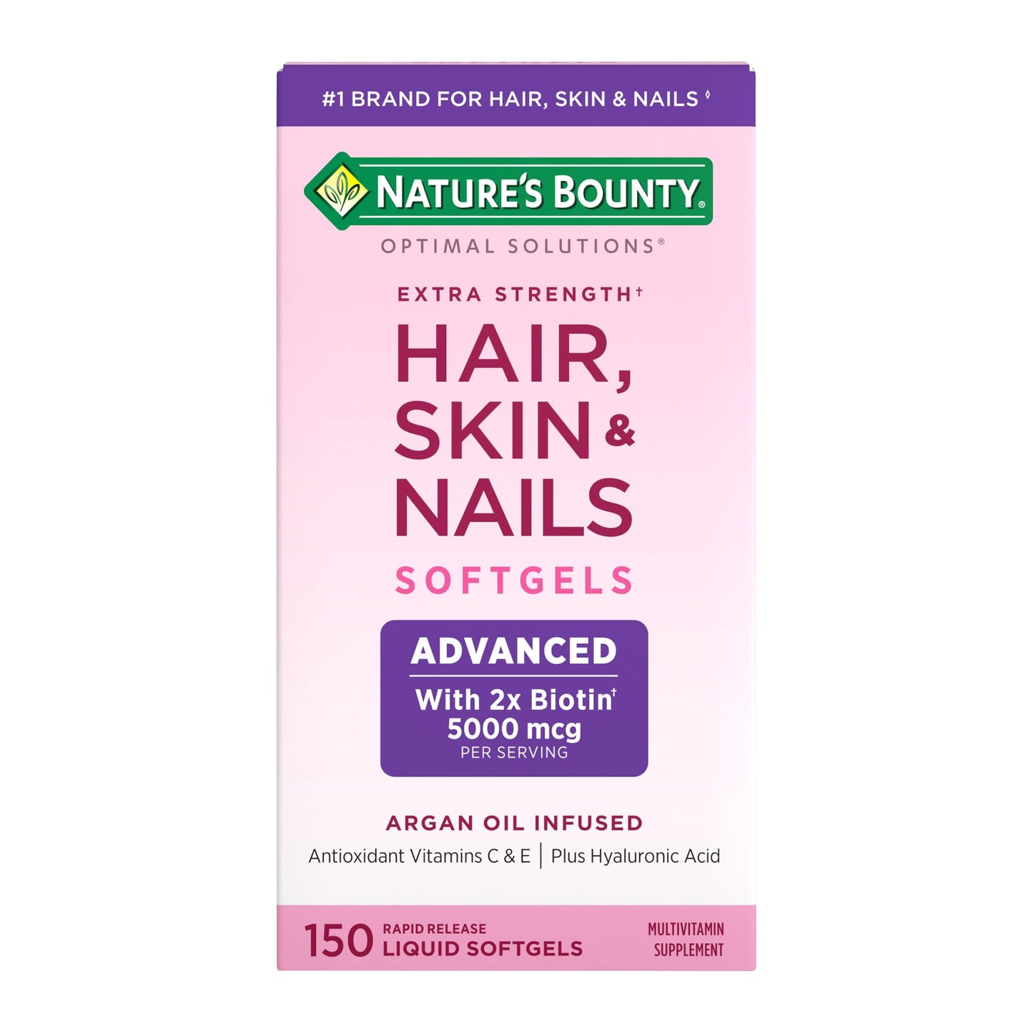 Nature's Bounty Advanced Hair, Skin & Nails, Argan-Infused Vitamin Supplement with Biotin and Hyaluronic Acid Softgels, 150 Count