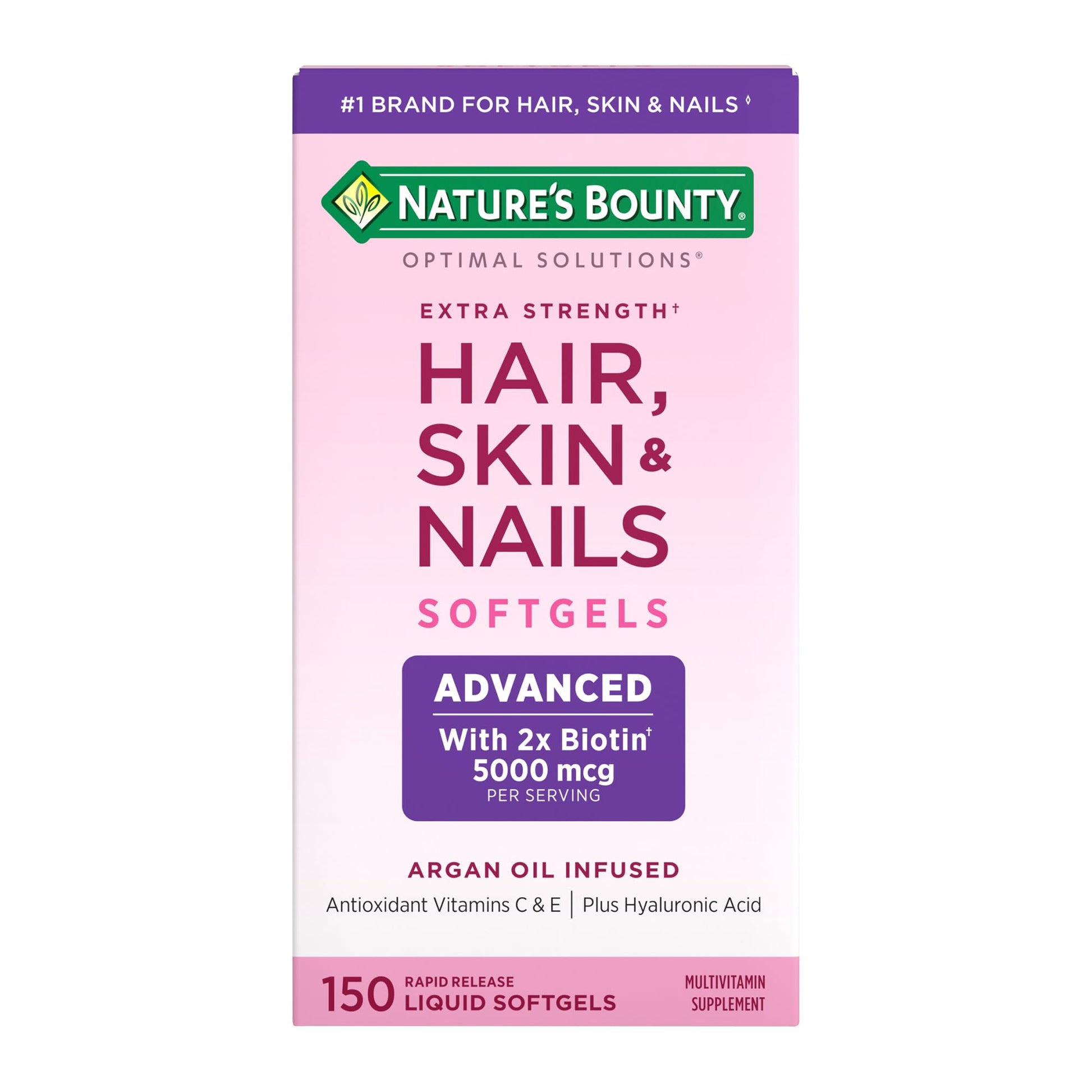 Nature's Bounty Advanced Hair, Skin & Nails, Argan-Infused Vitamin Supplement with Biotin and Hyaluronic Acid Softgels, 150 Count