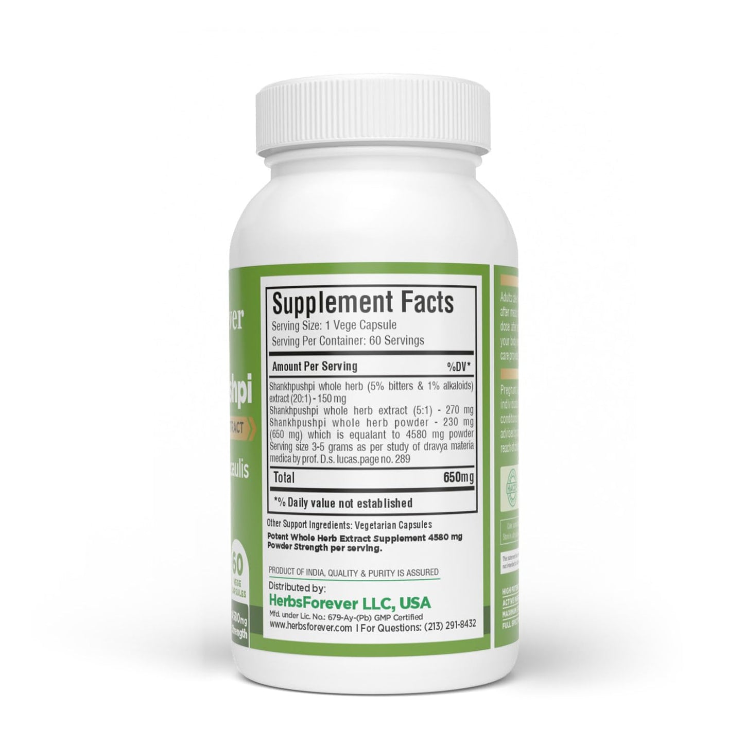 Herbsforever Shankhpushpi (Convolvulus pluricaulis) Extra Strength 20:1 Extract, Equiv. to 4580mg Plant Powder Per Serving - Brain Tonic & Cognitive Focus, 60 Veg Capsules
