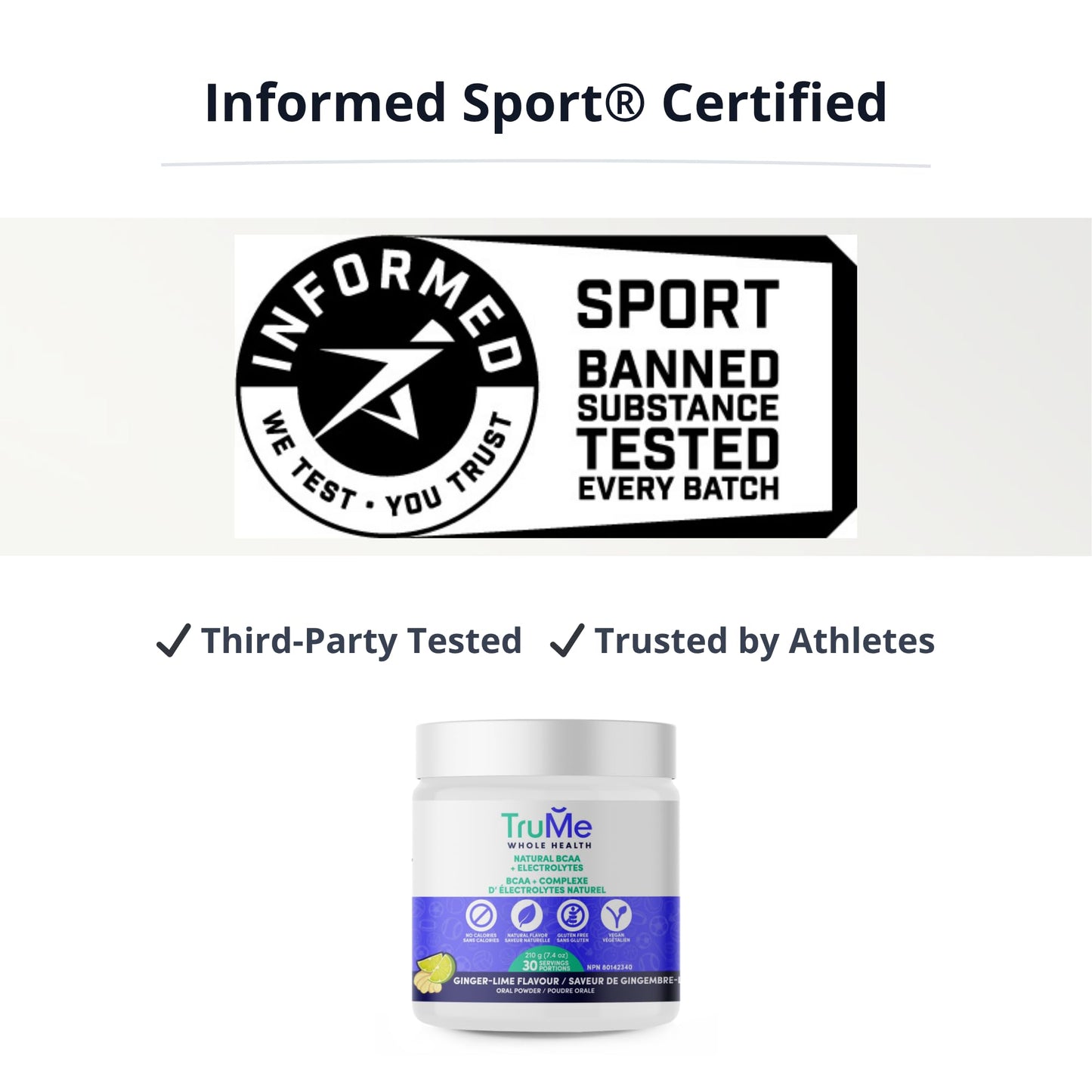 TruMe Whole Health Informed Sport Certified BCAA Ginger Lime Powder, 8 Servings