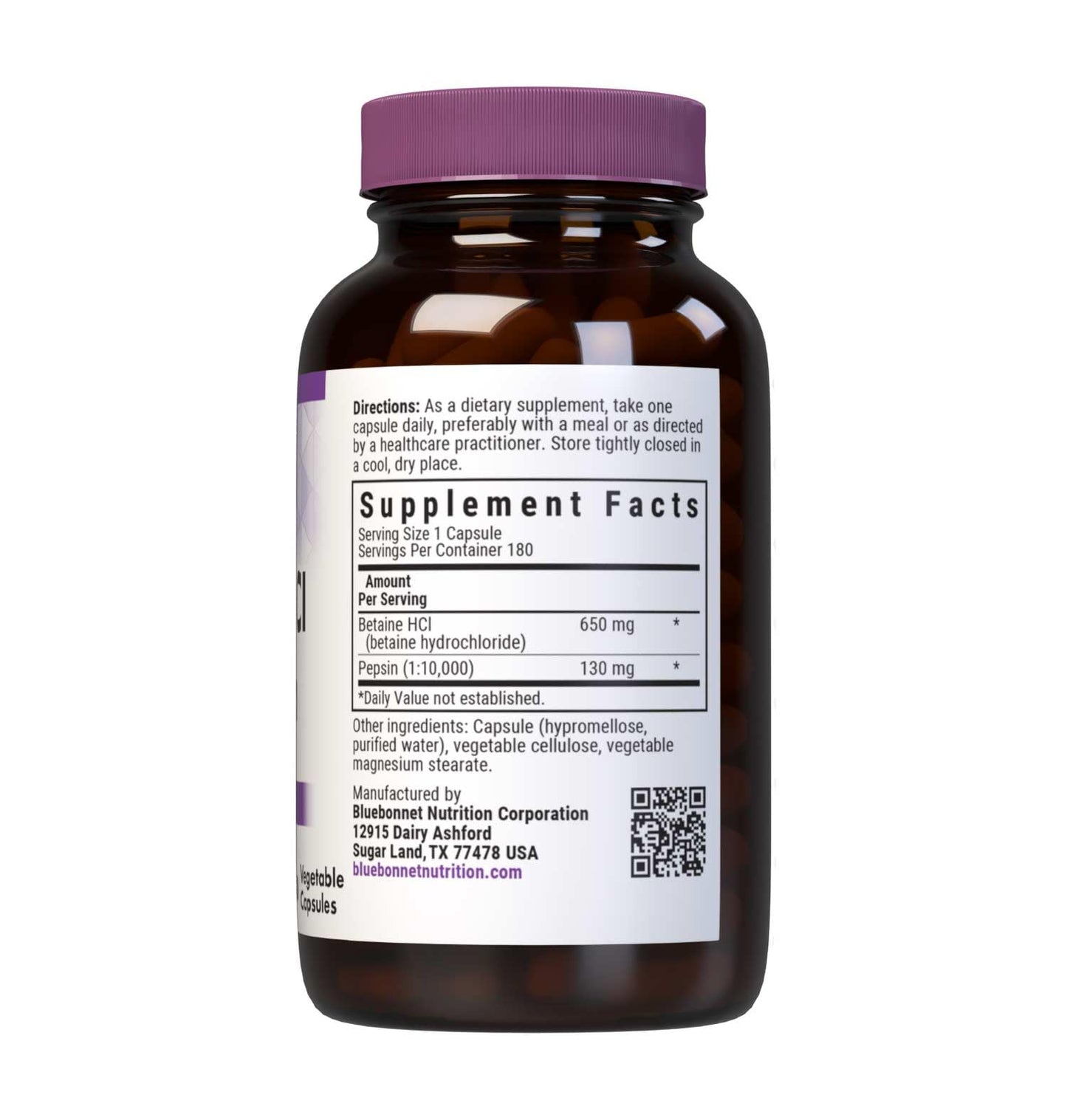 BlueBonnet Betaine HCI Plus Pepsin Vegetarian Capsules, 180 Capsules