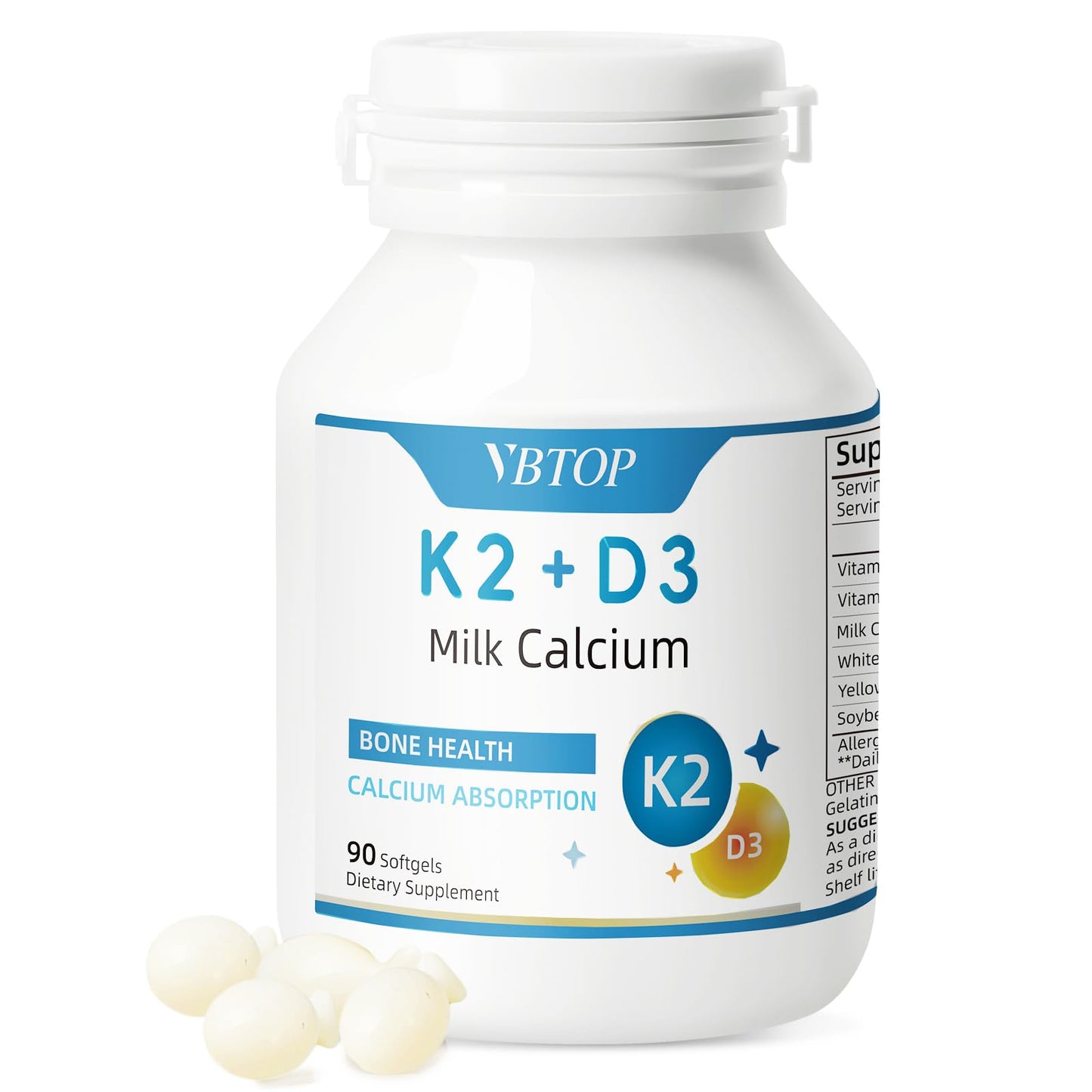 VBTOP Calcium Supplement 800mg with Vitamin D3 1000 IU & K2 45mcg Softgels, 90 Count