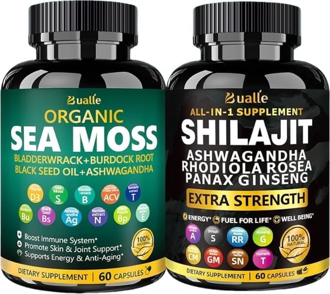 Bermellon Sea Moss & Shilajit for Energy Boost, Irish Sea Moss with Black Seed Oil Capsules, 120 Capsules