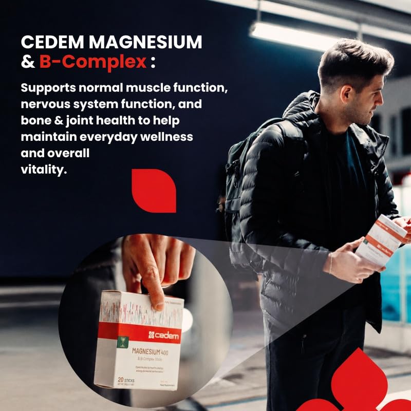 CEDEM Magnesium 400mg + B-Complex No Water Needed Dissolving Powder Sticks, Swiss-Formulated, Peach Flavor, 20 Count