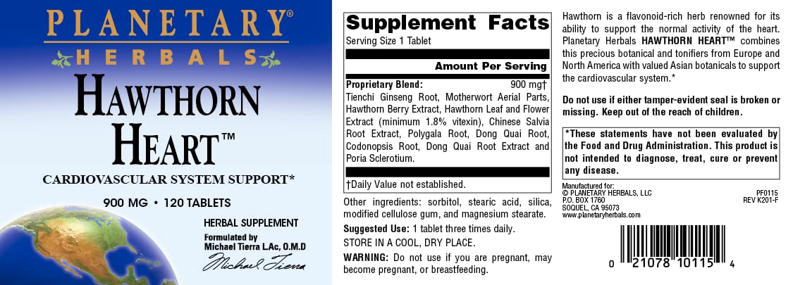 Planetary Herbals Hawthorn Heart, Cardiovascular System Support 900mg, 120 Tablets