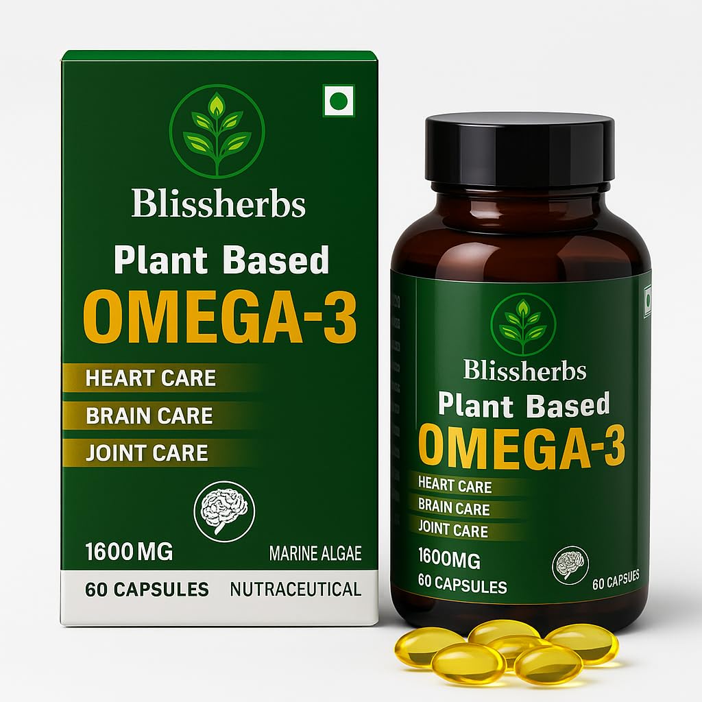 Blissherbs Plant Based Omega-3 Capsules Algae Oil with 450 mg EPA & 150 mg DHA, Vegetarian Omega-3, No Fish Oil, 60 Capsules