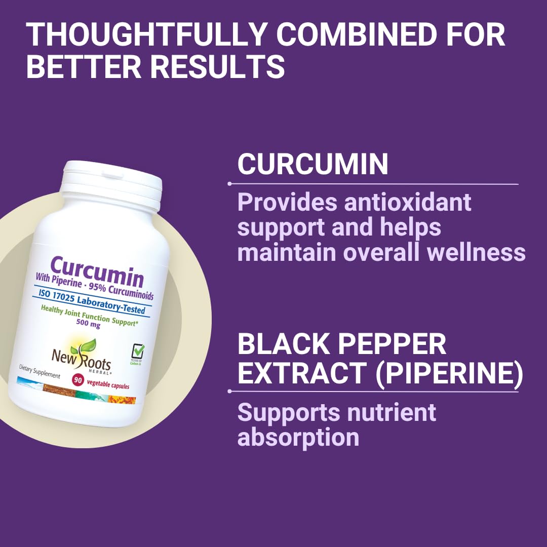 NEW ROOTS HERBAL Turmeric Curcumin Supplement 500mg with Black Pepper Extract, 90 Veg Capsules