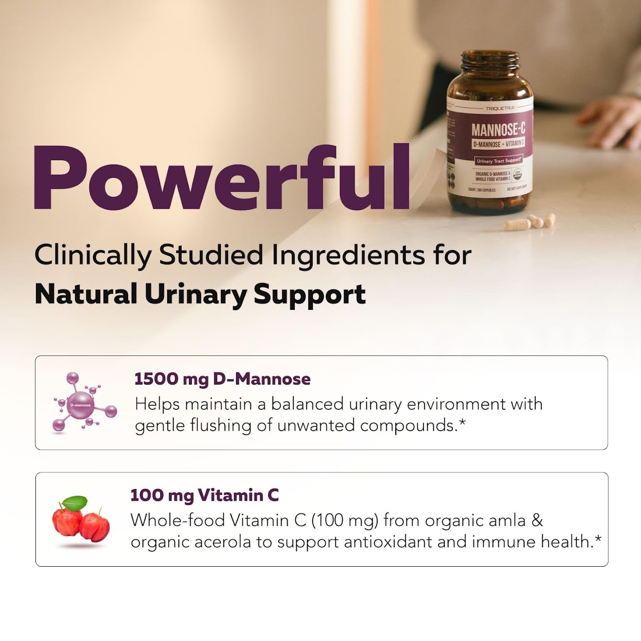 Triquetra Health Mannose-C Organic D-Mannose + Whole Food Vitamin C, UTI Support, 180 Capsules