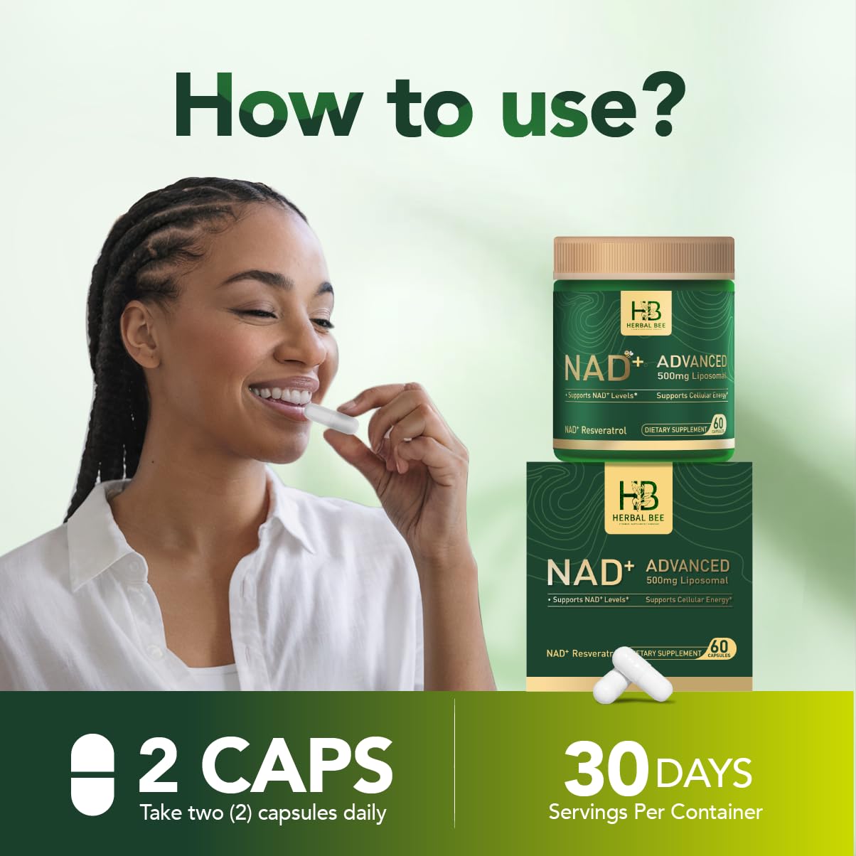 Herbal Bee Liposomal NAD+ Supplement 500 Mg with NAD Trans-resveratrol 50 Mg – Cellular Energy & Mitochondrial Support – Healthy Aging & Antioxidant Support – 60 Capsules