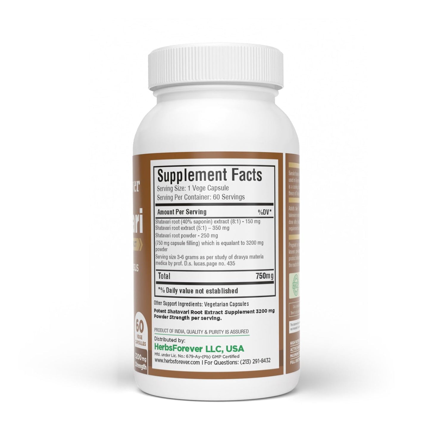 Herbsforever Shatavari (Asparagus Racemosus) Extra Strength 8:1 Extract 60 Veg Capsules