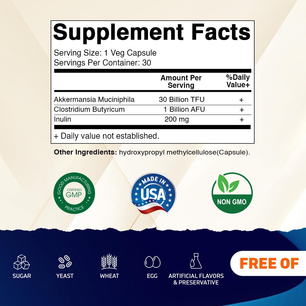 Vitamatic Akkermansia Muciniphila 30 Billion TFU + Clostridium Butyricum + Prebiotic Inulin GLP-1 Probiotic Capsule 30 Count