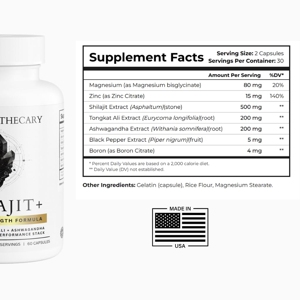 Dear Apothecary Shilajit+ 500mg with Eurycoma Longifolia, Ashwagandha, Zinc, Magnesium, Boron & Black Pepper, 60 Capsules