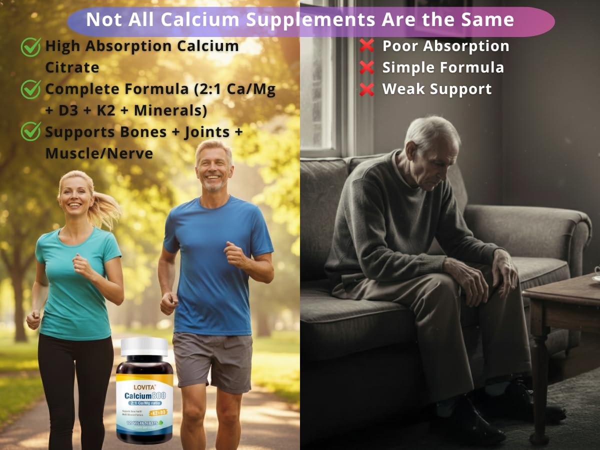 LOVITA Calcium Citrate 800 mg with Magnesium, Vitamin D3 & K2, 360 Tablets