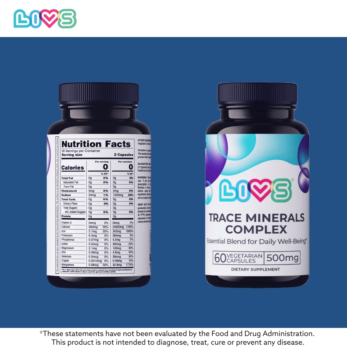 LIVS Trace Mineral Complex 500mg Vegetarian Capsules, 120 Count