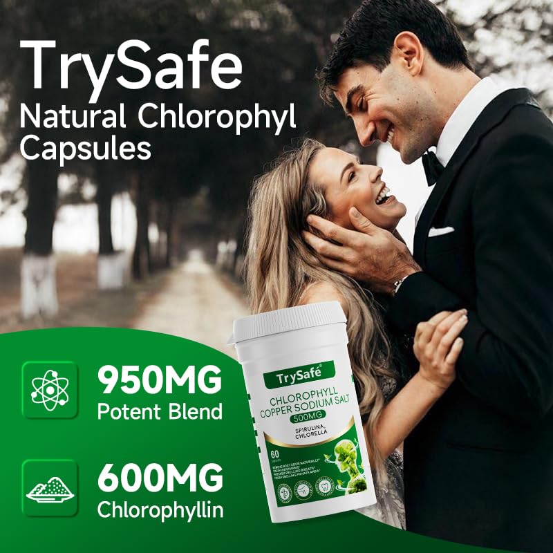 TrySafe Natural Chlorophyll Capsules with Copper Sodium Salt, Spirulina & Chlorella, Detox & Digestion Support, 60 Capsules