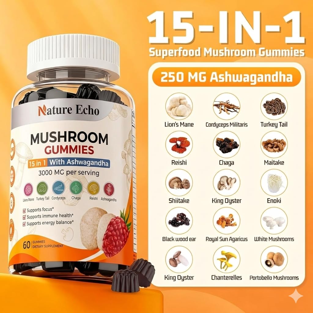 Nature Echo 15 in 1 Mushroom Complex & Ashwagandha Gummies 60 Count