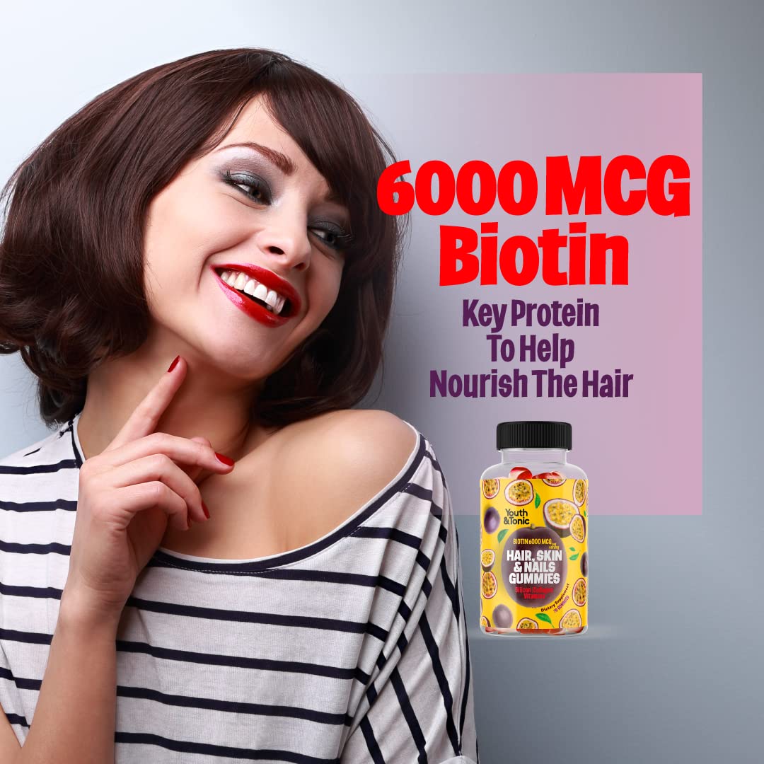 Youth & Tonic Biotin 6000mcg Hair Gummies with Collagen, Silicon, PABA & Multivitamins, Hair Skin & Nails Support, 70 Gummies