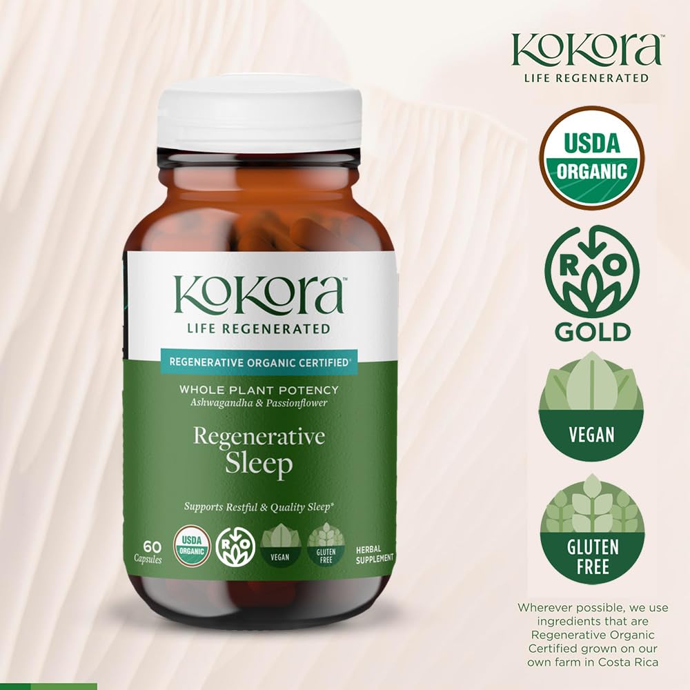 kokora Regenerative Sleep - Regenerative Organic Certified - Supports Restful, Quality Sleep, Relaxation* - Adaptogen Blend w/Lemon Balm & Passionflower - Vegan & Non-GMO, 60 Capsules