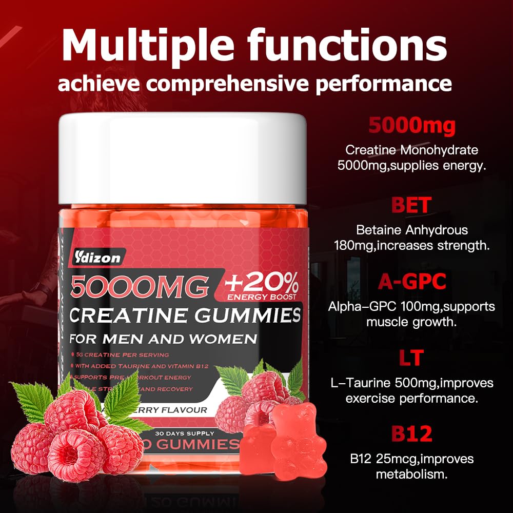 Ydizon Creatine Monohydrate Gummies Complex – 5000mg per Serving with L-Taurine & Vitamin B12, Pre-Workout Support, Vegan & Sugar-Free, 90 Count